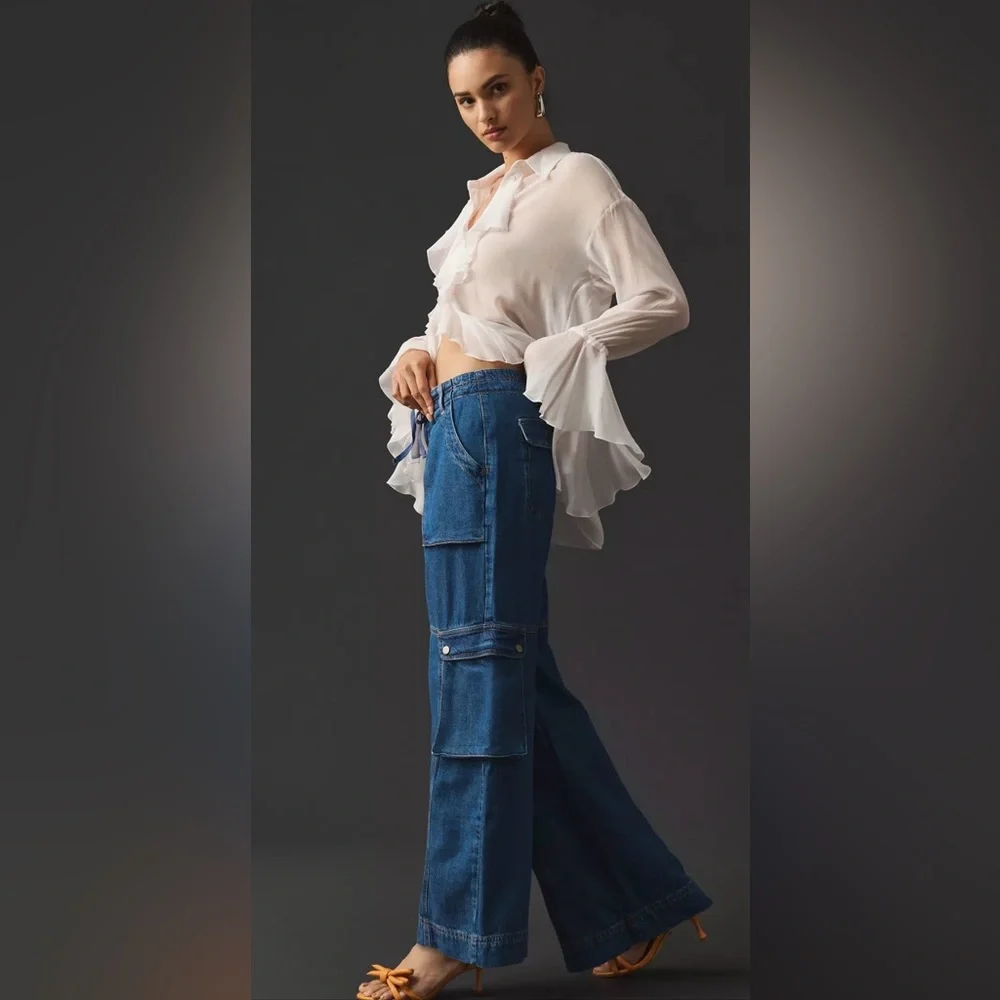 Anthropologie Pilcro High Rise Relaxed Leg Cargo Blue Jeans Size 6